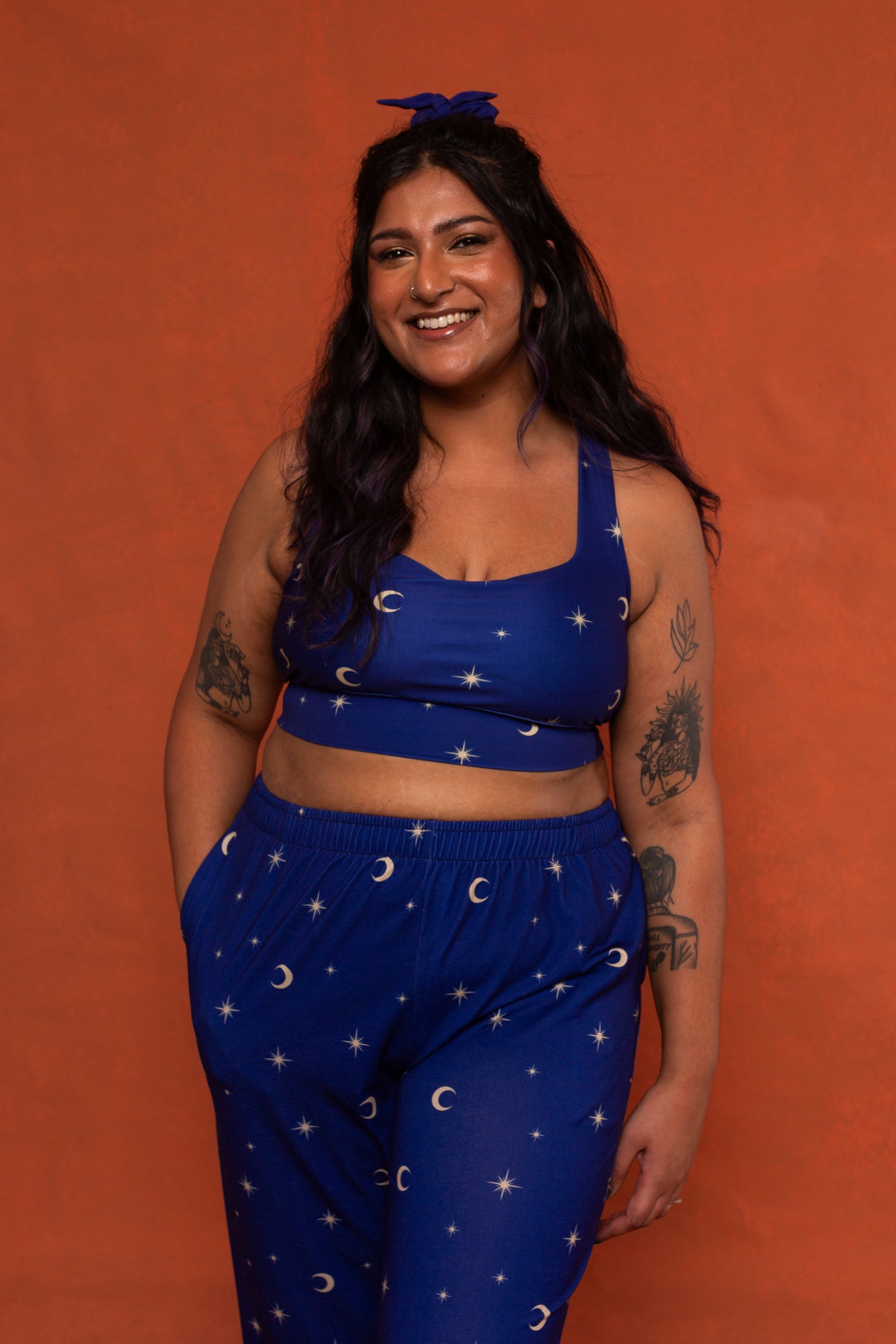 Navy Celestial Print Longline Sports Bra