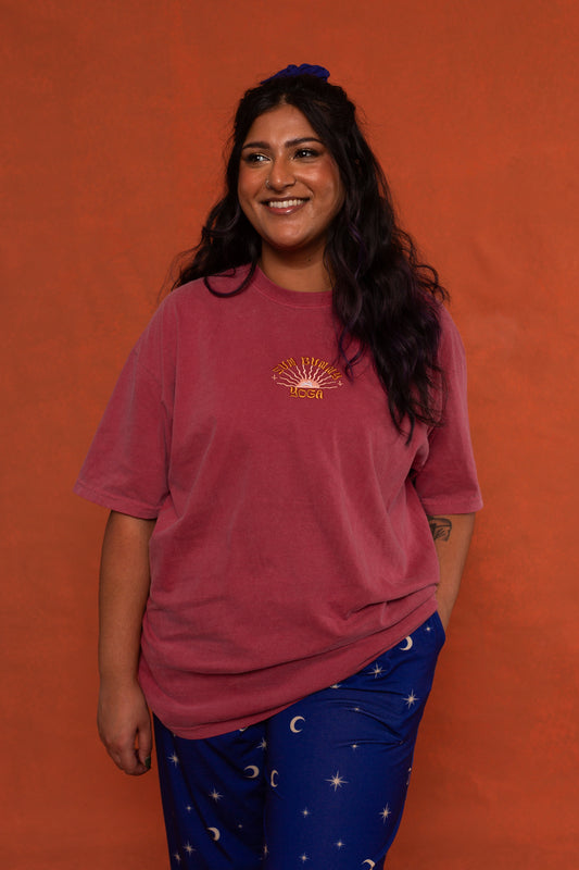 Crimson Sun Bunny Embroidered Cotton T-Shirt