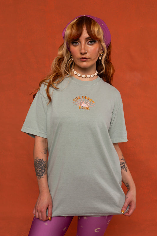 Bay Green Sun Bunny Embroidered Cotton T-Shirt
