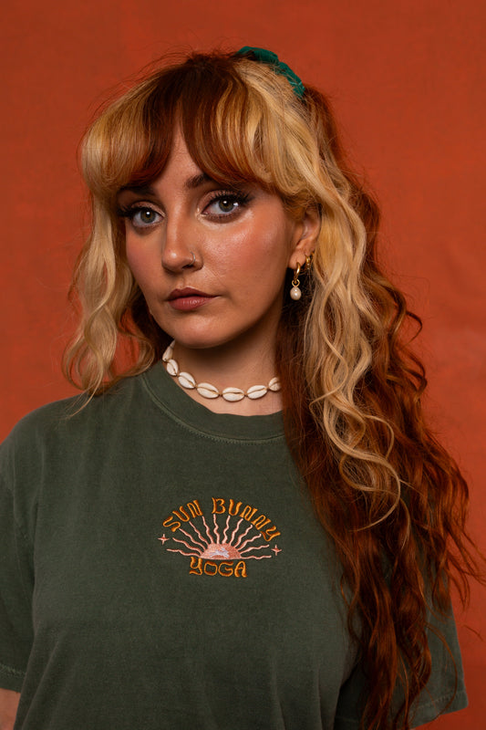 Moss Green Sun Bunny Embroidered Cotton T-Shirt