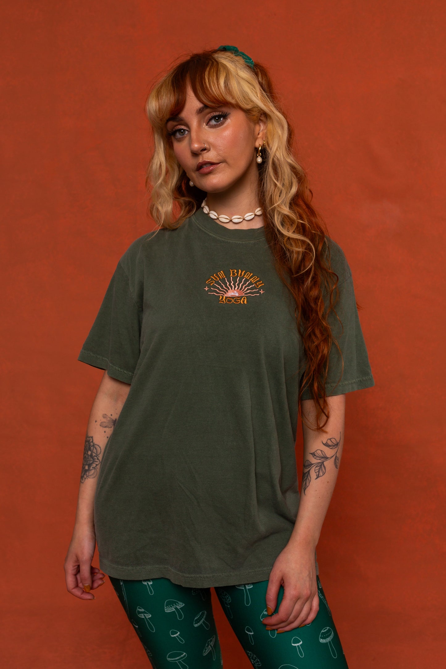 Moss Green Sun Bunny Embroidered Cotton T-Shirt