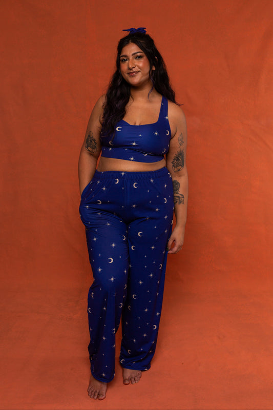 Navy Celestial Print Wide Leg Trousers